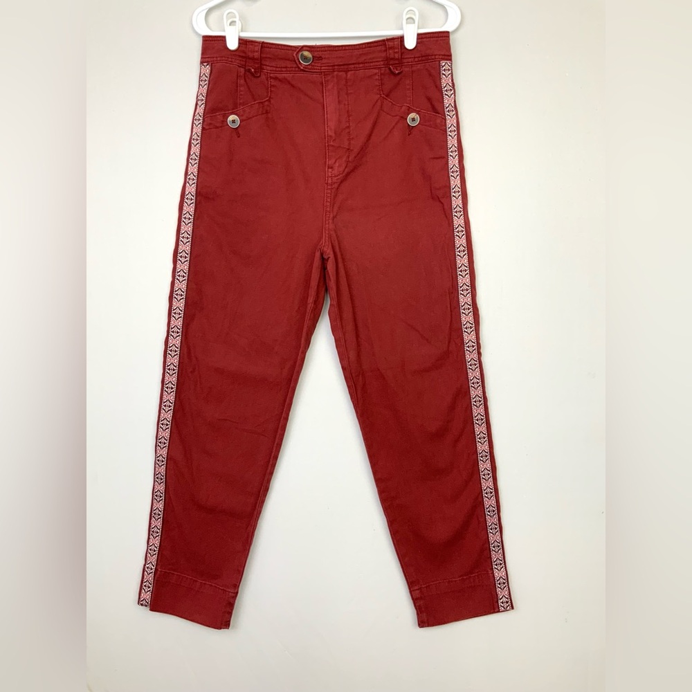 Anthropologie‎ Sz 6 Red Wine Embroidered Side Stripe Trousers Tapered Pants Boho